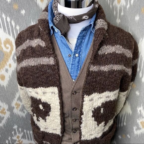 Polo Ralph Lauren Vtg Handknit Cowichan Inspired Buffalo Zip Cardigan Sweater - Picture 3 of 16